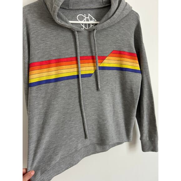Chaser Gray Rainbow Stripe Cropped Pullover Hoodie - Medium - Picture 4 of 9